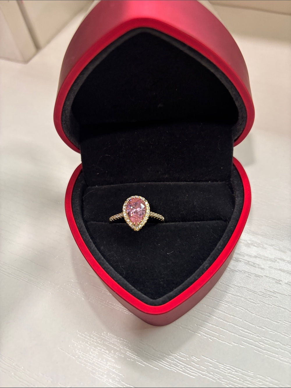 Pink Pear-Cut Halo Ring in Gold Tone